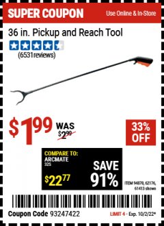 Harbor Freight Coupon 36 IN. PICKUP AND REACH TOOL Lot No. 61413 Expired: 10/2/22 - $1.99