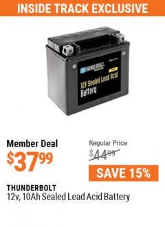 Harbor Freight Coupon THUNDERBOLT MAGNUM 12V, 160 CCA AGM BATTERY Lot No. 62586 Expired: 7/1/21 - $37.99