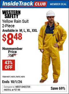 Harbor Freight Coupon WESTERN SAFETY YELLOW RAIN SUIT, 2-PIECE Lot No. 94874/94875/94876/94877 Valid: 12/31/69 - 10/1/26 - $8.48