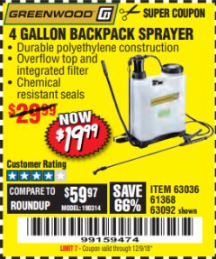 Harbor Freight Coupon GREENWOOD 4 GALLON BACKPACK SPRAYER Lot No. 63092/63036 Expired: 12/9/18 - $19.99
