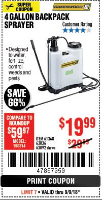 Harbor Freight Coupon GREENWOOD 4 GALLON BACKPACK SPRAYER Lot No. 63092/63036 Expired: 9/9/18 - $19.99