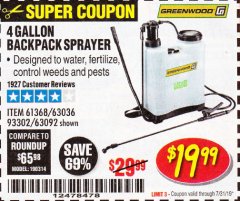 Harbor Freight Coupon GREENWOOD 4 GALLON BACKPACK SPRAYER Lot No. 63092/63036 Expired: 7/31/19 - $19.99