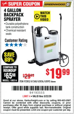 Harbor Freight Coupon GREENWOOD 4 GALLON BACKPACK SPRAYER Lot No. 63092/63036 Expired: 3/22/20 - $19.99