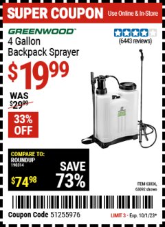 Harbor Freight Coupon GREENWOOD 4 GALLON BACKPACK SPRAYER Lot No. 63092/63036 Expired: 10/1/23 - $19.99
