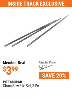 Harbor Freight ITC Coupon PITTSBURGH CHAINSAW FILE SET, 3-PIECE Lot No. 91992 Expired: 7/29/21 - $3.99