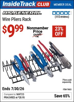 Harbor Freight ITC Coupon U.S. GENERAL WIRE PLIERS RACK Lot No. 70022 Expired: 7/30/26 - $9.99