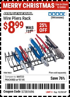Harbor Freight Coupon U.S. GENERAL WIRE PLIERS RACK Lot No. 70022 Expired: 12/29/24 - $8.99