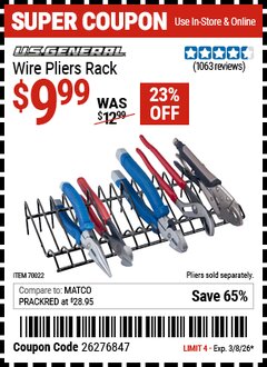 Harbor Freight Coupon U.S. GENERAL WIRE PLIERS RACK Lot No. 70022 Expired: 3/8/26 - $9.99