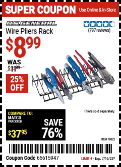 Harbor Freight Coupon U.S. GENERAL WIRE PLIERS RACK Lot No. 70022 Expired: 7/16/23 - $8.99