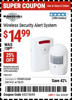 Harbor Freight Coupon BUNKER HILL SECURITY WIRELESS SECURITY ALERT SYSTEM Lot No. 57937 Valid Thru: 5/25/26 - $14.99