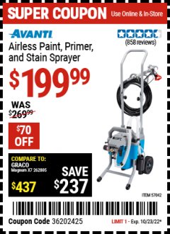 Harbor Freight Coupon AVANTI AIRLESS PAINT, PRIMER, AND STAIN SPRAYER Lot No. 57042 Expired: 10/23/22 - $199.99