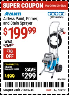 Harbor Freight Coupon AVANTI AIRLESS PAINT, PRIMER, AND STAIN SPRAYER Lot No. 57042 Expired: 5/14/23 - $199.99