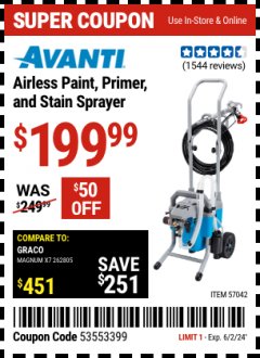 Harbor Freight Coupon AVANTI AIRLESS PAINT, PRIMER, AND STAIN SPRAYER Lot No. 57042 Expired: 6/2/24 - $199.99