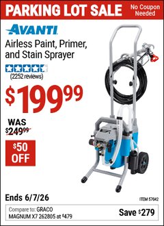 Harbor Freight Coupon AVANTI AIRLESS PAINT, PRIMER, AND STAIN SPRAYER Lot No. 57042 Expired: 6/7/26 - $199.99