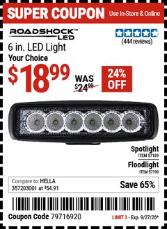 Harbor Freight Coupon ROADSHOCK 6 IN. LED LLIGHT Lot No. 57189/57190 Valid Thru: 9/27/26 - $18.99