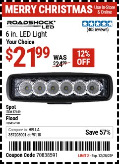 Harbor Freight Coupon ROADSHOCK 6 IN. LED LLIGHT Lot No. 57189/57190 Expired: 12/28/25 - $21.99