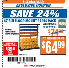 Harbor Freight ITC Coupon STOREHOUSE 47-BIN FLOOR-MOUNT PARTS RACK Lot No. 95736/61166 Expired: 5/29/18 - $64.99