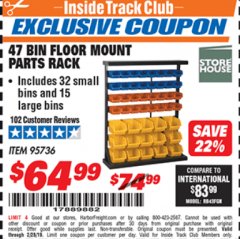 Harbor Freight ITC Coupon STOREHOUSE 47-BIN FLOOR-MOUNT PARTS RACK Lot No. 95736/61166 Expired: 2/28/19 - $64.99