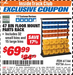 Harbor Freight ITC Coupon STOREHOUSE 47-BIN FLOOR-MOUNT PARTS RACK Lot No. 95736/61166 Expired: 8/31/19 - $69.99