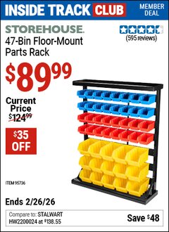 Harbor Freight ITC Coupon STOREHOUSE 47-BIN FLOOR-MOUNT PARTS RACK Lot No. 95736/61166 Expired: 2/26/26 - $89.99