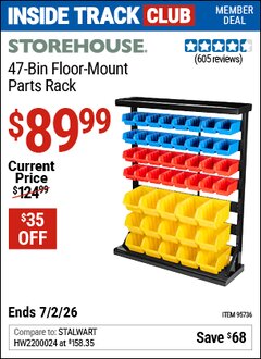 Harbor Freight ITC Coupon STOREHOUSE 47-BIN FLOOR-MOUNT PARTS RACK Lot No. 95736/61166 Dates Valid: 12/31/69 - 7/2/26 - $89.99