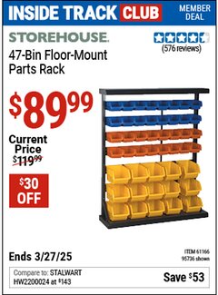 Harbor Freight ITC Coupon STOREHOUSE 47-BIN FLOOR-MOUNT PARTS RACK Lot No. 95736/61166 Expired: 3/27/25 - $89.99