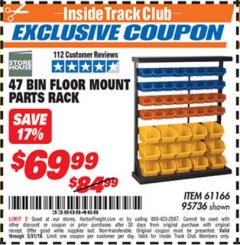 Harbor Freight ITC Coupon STOREHOUSE 47-BIN FLOOR-MOUNT PARTS RACK Lot No. 95736/61166 Expired: 5/31/19 - $69.99