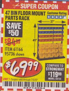 Harbor Freight Coupon STOREHOUSE 47-BIN FLOOR-MOUNT PARTS RACK Lot No. 95736/61166 Expired: 7/5/20 - $69.99
