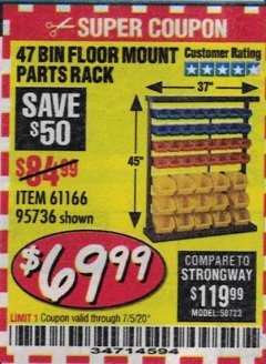Harbor Freight Coupon STOREHOUSE 47-BIN FLOOR-MOUNT PARTS RACK Lot No. 95736/61166 Expired: 7/5/20 - $69.99