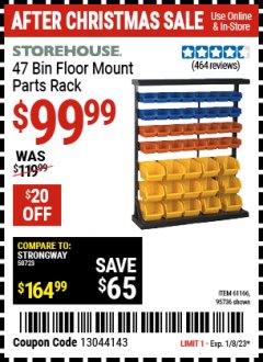 Harbor Freight Coupon STOREHOUSE 47-BIN FLOOR-MOUNT PARTS RACK Lot No. 95736/61166 Expired: 1/8/22 - $99.99