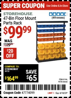 Harbor Freight Coupon STOREHOUSE 47-BIN FLOOR-MOUNT PARTS RACK Lot No. 95736/61166 Expired: 6/18/23 - $99.99