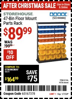 Harbor Freight Coupon STOREHOUSE 47-BIN FLOOR-MOUNT PARTS RACK Lot No. 95736/61166 Expired: 1/7/24 - $89.99