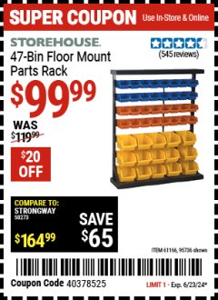 Harbor Freight Coupon STOREHOUSE 47-BIN FLOOR-MOUNT PARTS RACK Lot No. 95736/61166 Expired: 6/23/24 - $99.99