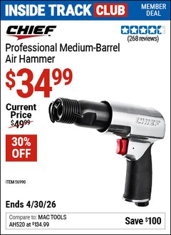 Harbor Freight ITC Coupon CHIEF PROFESSIONAL MEDIUM-BARREL AIR HAMMER Lot No. 56990 Expired: 4/30/26 - $34.99