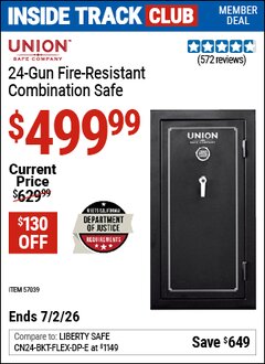 Harbor Freight ITC Coupon UNION SAFE COMPANY 24-GUN FIRE-RESISTANT COMBINATION SAFE Lot No. 57039 Dates Valid: 12/31/69 - 7/2/26 - $499.99