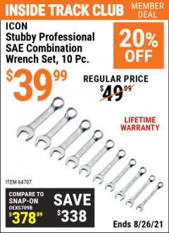 Harbor Freight ITC Coupon ICON STUBBY PROFESSIONAL COMBINATION WRENCH SET, 10-PIECE Lot No. 64707/64708 Expired: 8/26/21 - $39.99