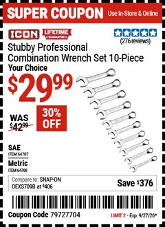 Harbor Freight Coupon ICON STUBBY PROFESSIONAL COMBINATION WRENCH SET, 10-PIECE Lot No. 64707/64708 Valid Thru: 9/27/26 - $29.99