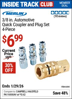 Harbor Freight ITC Coupon MERLIN 3/8 IN. AUTOMOTIVE QUICK COUPLER AND PLUG SET, 4-PIECE Lot No. 63545 Dates Valid: 12/31/69 - 1/29/26 - $6.99