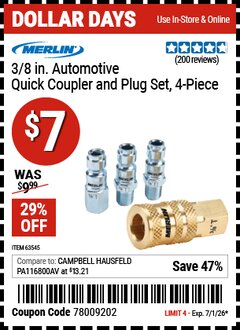 Harbor Freight Coupon MERLIN 3/8 IN. AUTOMOTIVE QUICK COUPLER AND PLUG SET, 4-PIECE Lot No. 63545 EXPIRES: 7/1/26 - $7