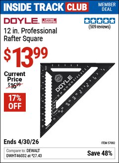 Harbor Freight ITC Coupon DOYLE 12 IN. PROFESSIONAL RAFTER SQUARE Lot No. 57082 Expired: 4/30/26 - $13.99