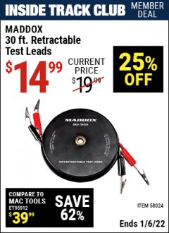 Harbor Freight ITC Coupon MADDOX 30 FT. RETRACTABLE TEST LEADS Lot No. 58024 Expired: 1/6/22 - $14.99