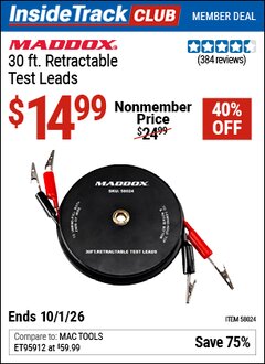 Harbor Freight Coupon MADDOX 30 FT. RETRACTABLE TEST LEADS Lot No. 58024 Valid: 12/31/69 - 10/1/26 - $14.99