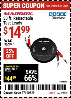 Harbor Freight Coupon MADDOX 30 FT. RETRACTABLE TEST LEADS Lot No. 58024 Expired: 3/9/23 - $14.99