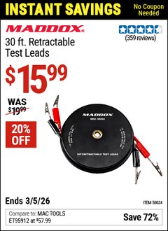 Harbor Freight Coupon MADDOX 30 FT. RETRACTABLE TEST LEADS Lot No. 58024 Expired: 3/5/26 - $15.99