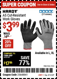 Harbor Freight Coupon HARDY A5 CUT-RESISTANT WORK GLOVES Lot No. 57643/57642 Expired: 5/12/24 - $3.99