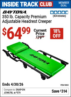 Harbor Freight ITC Coupon DAYTONA 350 LB. CAPACITY PREMIUM ADJUSTABLE HEADREST CREEPER Lot No. 58865 Expired: 4/30/26 - $64.99