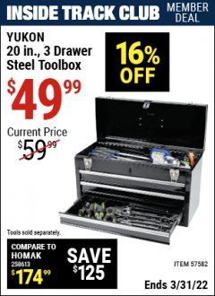 Harbor Freight ITC Coupon YUKON 20 IN., 3-DRAWER STEEL TOOLBOX Lot No. 57582 Expired: 3/31/22 - $49.99