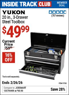 Harbor Freight ITC Coupon YUKON 20 IN., 3-DRAWER STEEL TOOLBOX Lot No. 57582 Expired: 2/26/26 - $49.99