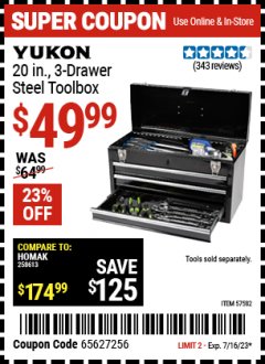 Harbor Freight Coupon YUKON 20 IN., 3-DRAWER STEEL TOOLBOX Lot No. 57582 Expired: 7/16/23 - $44.99