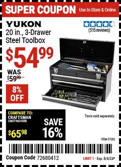 Harbor Freight Coupon YUKON 20 IN., 3-DRAWER STEEL TOOLBOX Lot No. 57582 Expired: 8/4/24 - $54.99